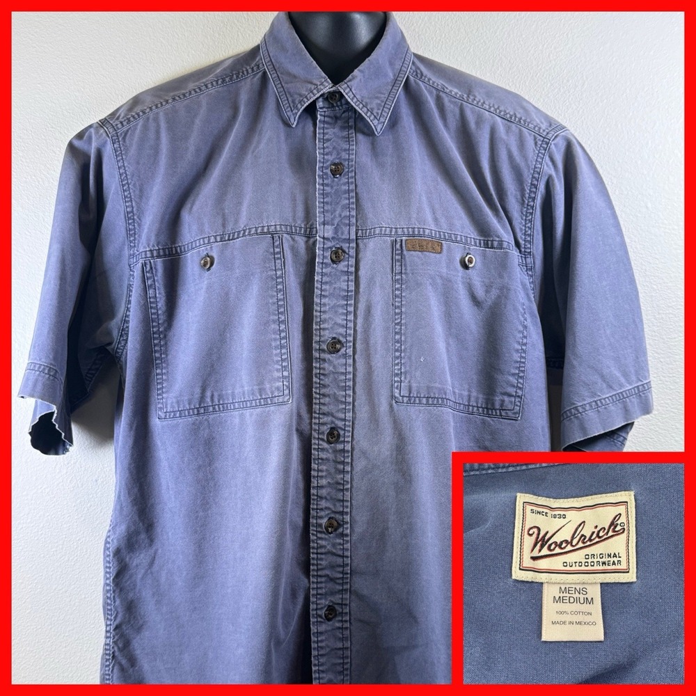 Woolrich Mens Short Sleeve Button Up Shirt Purple Cotton Work Casual Size Medium